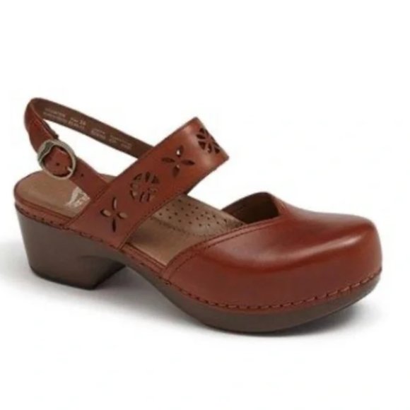 Dansko Trista Cognac Brown Laser Cut Mary Jane Clog EU 37 US 6.5-7